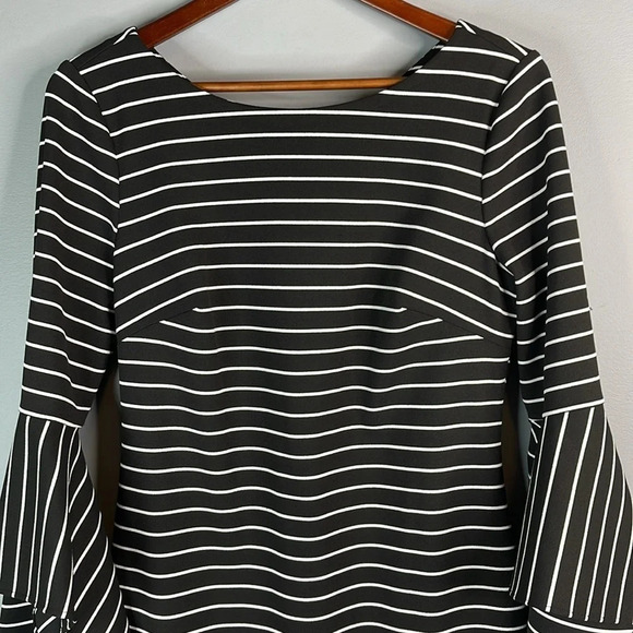 CALVIN KLEIN Striped Midi Dress Black White Ruffled Bell Sleeves Size 10 - Picture 3 of 12